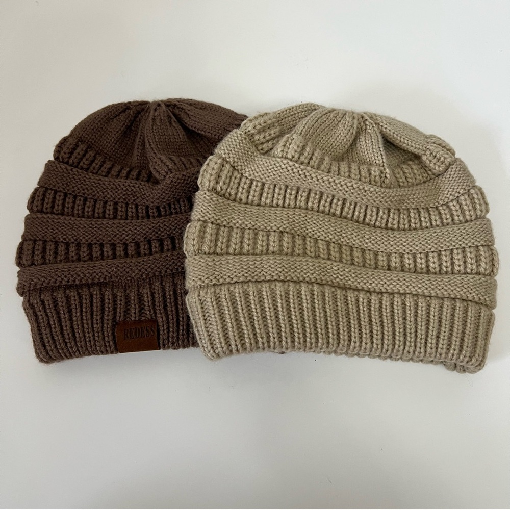 Redess Beanie Bundle Of 2 Beige Brown Cable Knit Winter Adult Neutral One Size